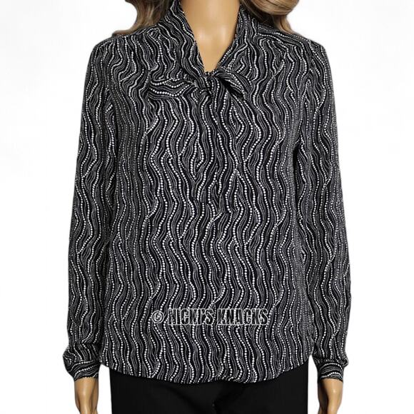 Jones New York Black White Dot Print Chiffon Tie Neck Blouse Office Top Size XS - Picture 2 of 11